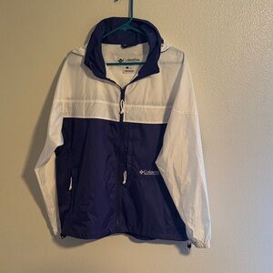 Columbia White and purple Hooded windbreaker.